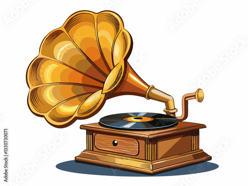vector of  side view antique brass and wooden gramaphone on white background,copy space
