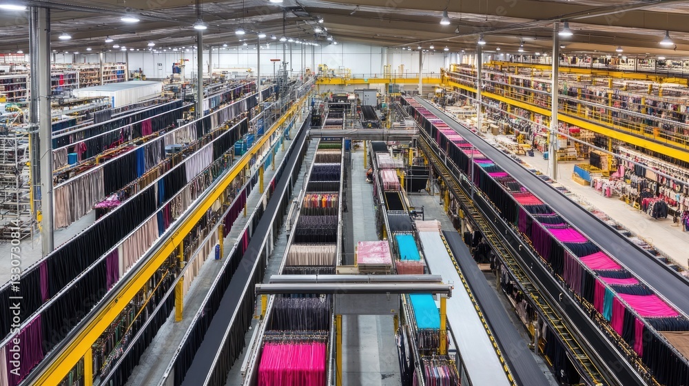 Large garment production area with conveyor belts transporting fabric pieces for assembly Large garment production area with conveyor belts transporting fabric pieces for assembly