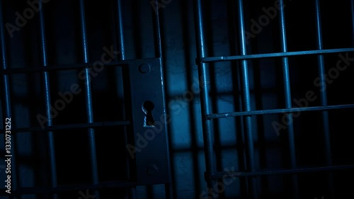 Prison Cell Bars Casting Shadows: Symbolizing Confinement and Loss of Freedom. metal prison cell bars casting shadows on the floor, representing themes of incarceration, confinement
