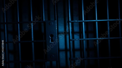 Prison Cell Bars Casting Shadows: Symbolizing Confinement and Loss of Freedom. metal prison cell bars casting shadows on the floor, representing themes of incarceration, confinement
