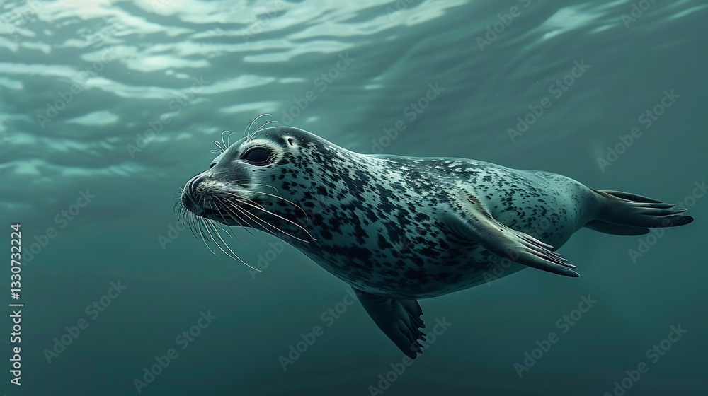 Naklejka premium Lone harbor seal fur patterned intricate black marking move gracefully through deep ocean ambient light above cast delicate gradient across scene while water depth enhances sense of scale seal's slow