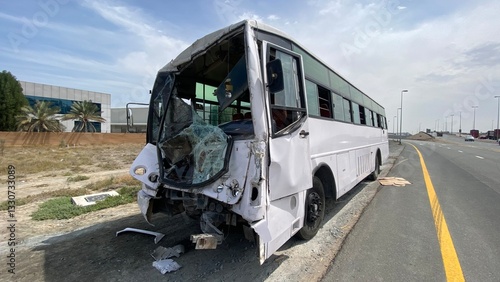Canvas Print bus on the road Close up of road traffic accident between two busses with extens