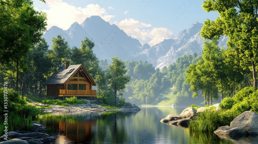 Serene mountain cabin nestled beside a tranquil lake, surrounded by lush forest and majestic peaks. A picturesque, peaceful getaway Serene mountain cabin nestled beside a tranquil lake, surrounded by lush forest and majestic peaks. A picturesque, peaceful getaway
