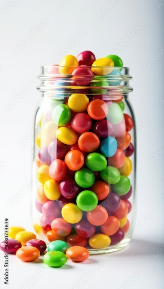 Clear glass jar overflowing with colorful candies on white , food photography, sugar rush, texture Clear glass jar overflowing with colorful candies on white , food photography, sugar rush, texture