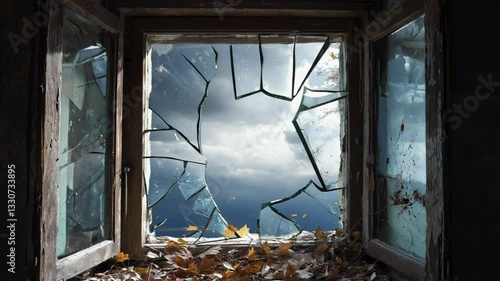 Autumn breeze through broken window: capturing the serenity and decay in nature's transition with shattered glass and leaves
