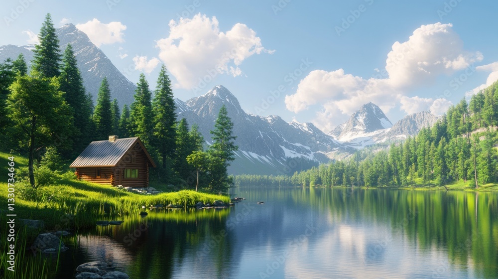 Fototapeta premium Serene mountain lake cabin in a sunlit landscape