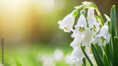 Fototapeta Naklejka Na Ścianę i Meble -  Delicate white summer snowflake wildflowers blooming amid lush green meadow grasses, bathed in golden sunlight