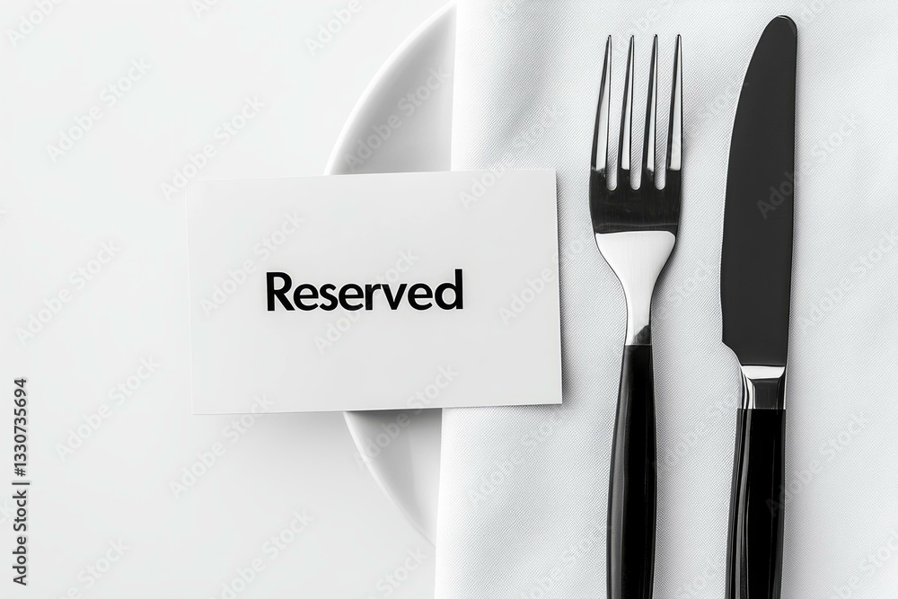 Reserved table setting with elegant cutlery on white tablecloth in fine dining restaurant, top view close-up Reserved table setting with elegant cutlery on white tablecloth in fine dining restaurant, top view close-up