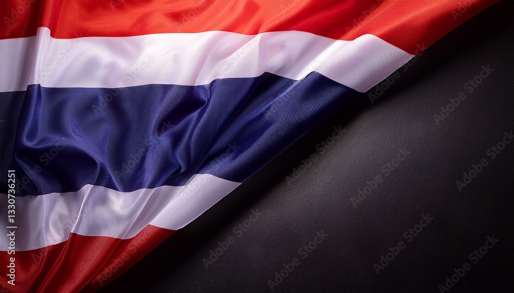 Naklejka premium Contrast the Thailand flag's dark background. A vibrant depiction of the Thai flag draped elegantly against a dark background