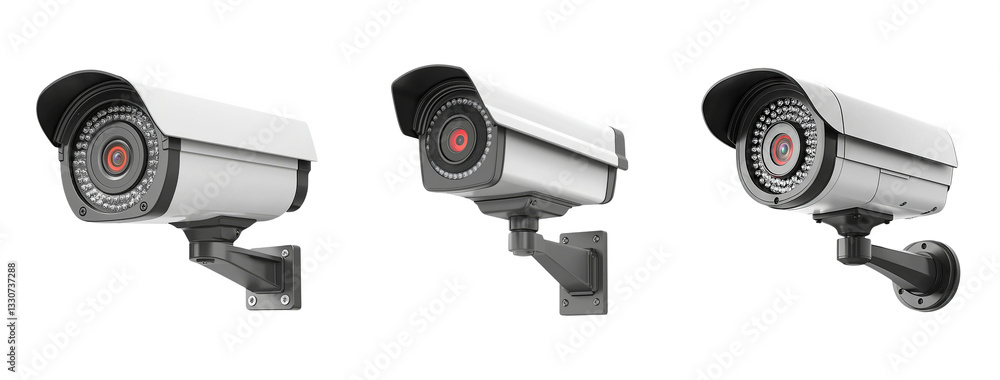 Three Modern Security Cameras with Mounting Brackets in Side View Three Modern Security Cameras with Mounting Brackets in Side View