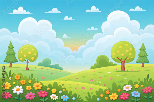 Springtime meadow landscape with colorful flowers and trees