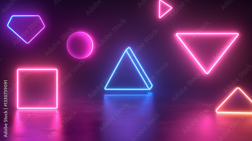 A vibrant display of glowing geometric shapes in neon colors against a dark background, creating a modern and futuristic atmosphere. A vibrant display of glowing geometric shapes in neon colors against a dark background, creating a modern and futuristic atmosphere.