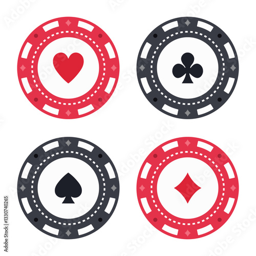 Round poker chips with different card suits, vector set of four casino items for gambling