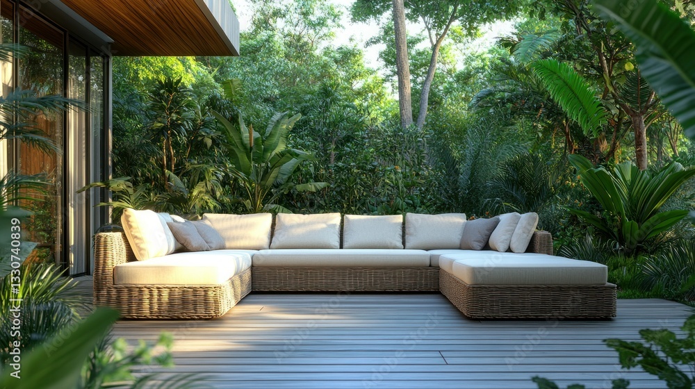 Fototapeta premium Sectional sofa on deck, lush tropical garden backdrop