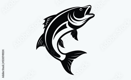 Jumping bass fish silhouette, fish silhouette vector art icon isolated on white, vector illustration 