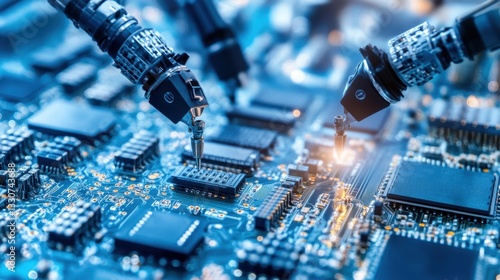 A high-tech semiconductor plant with robots manufacturing microchips