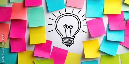 Bright Idea Concept with Colorful Sticky Notes Framing a Light Bulb Illustration on a White Background for Creative Inspiration and Brainstorming