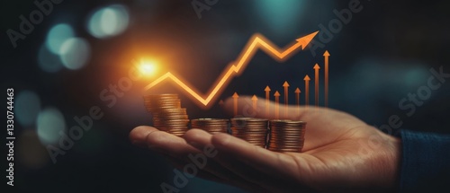 Businessman's hand holding a graph arrow pointing up and coins, representing a business growth concept with financial market data, stock trading, or promoting a credit product Generative AI