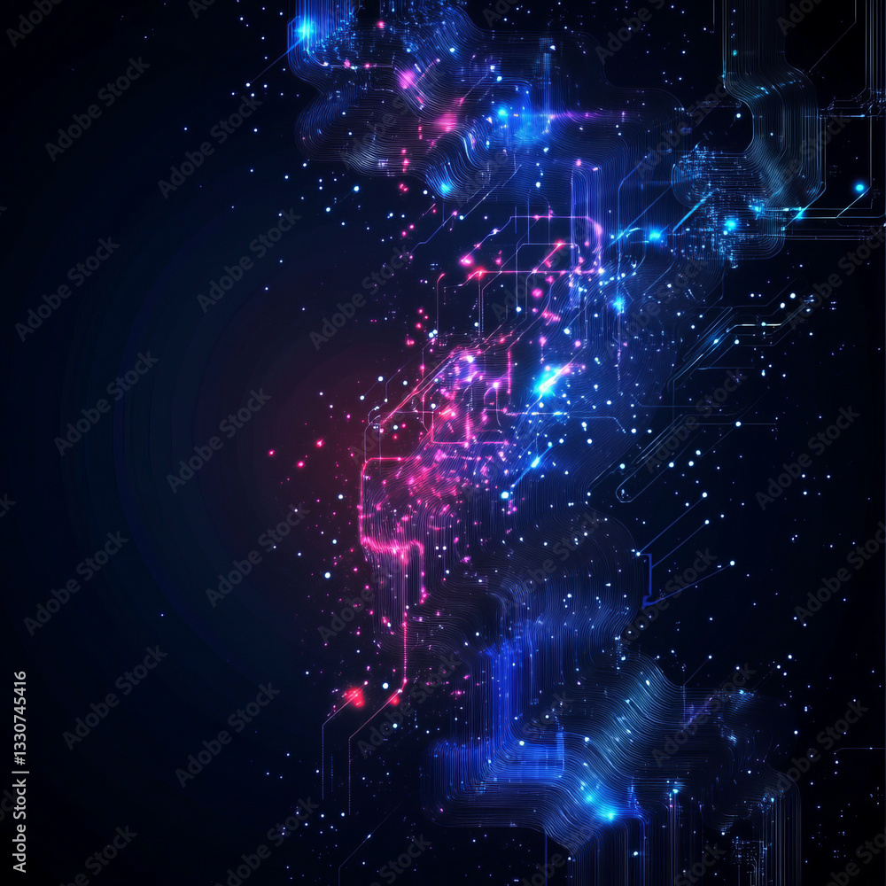 Obraz premium Glowing Digital Network with Interconnected Pink and Blue Circuit-Like Lines