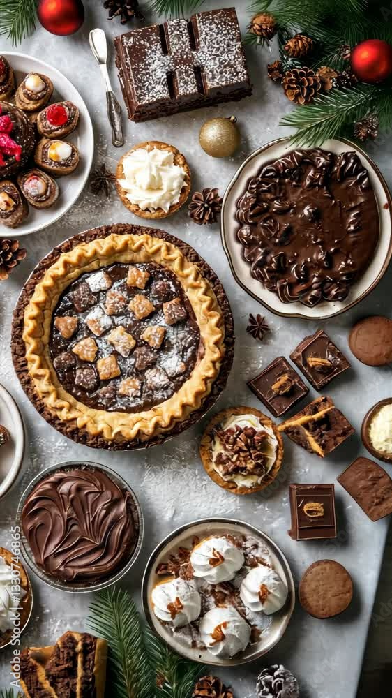 Assorted festive desserts arranged beautifully on a table ready for holiday celebrations with seasonal decorations Assorted festive desserts arranged beautifully on a table ready for holiday celebrations with seasonal decorations