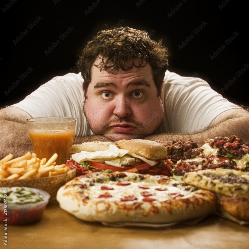 Enthusiastic Man Surrounded by a Variety of Delicious Fast Foods on a Wooden Table with Soft Drink, Highlighting Overindulgence in Culinary Treats Enthusiastic Man Surrounded by a Variety of Delicious Fast Foods on a Wooden Table with Soft Drink, Highlighting Overindulgence in Culinary Treats