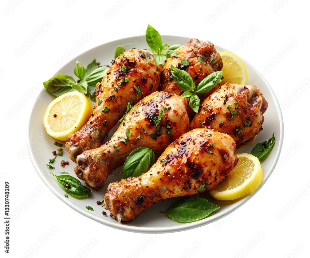 Grilled Chicken Drumsticks with Lemon and Fresh Basil on White Plate Grilled Chicken Drumsticks with Lemon and Fresh Basil on White Plate