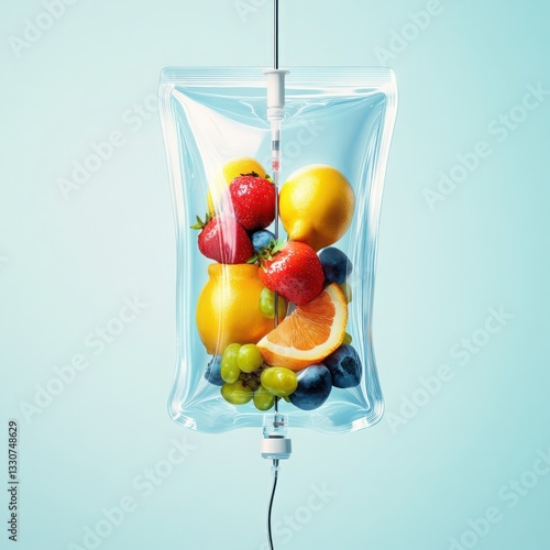 Fresh Fruits Infusion in IV Bag for Nutritional Therapy and Healthy Lifestyle Enhancement in Colorful Background