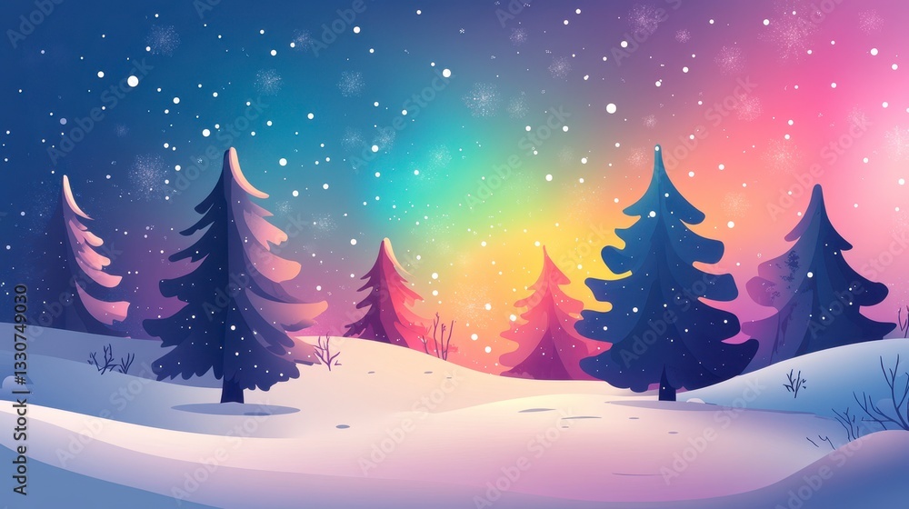 Magical Winter Wonderland Snowfall and Colorful Sky over Snowy Pine Trees Magical Winter Wonderland Snowfall and Colorful Sky over Snowy Pine Trees
