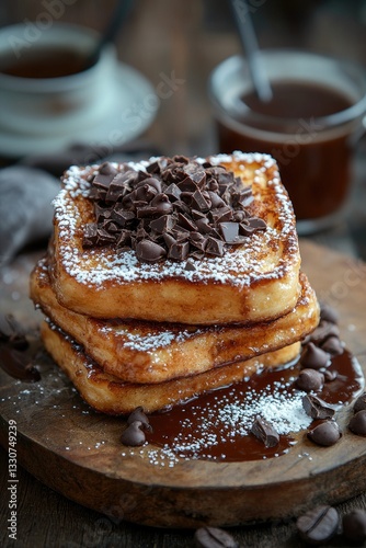 Decadent Chocolate French Toast with Melted Ganache & Shaved Chocolate – Hot & Fresh Breakfast Dessert, Perfect for Food Bloggers & Cafe Menus