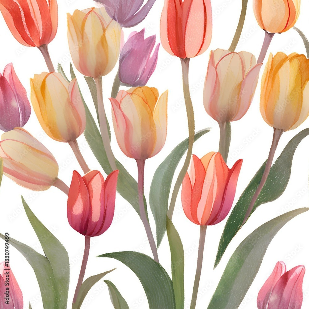Fototapeta premium Whimsical Watercolor Tulips in Primitive Style