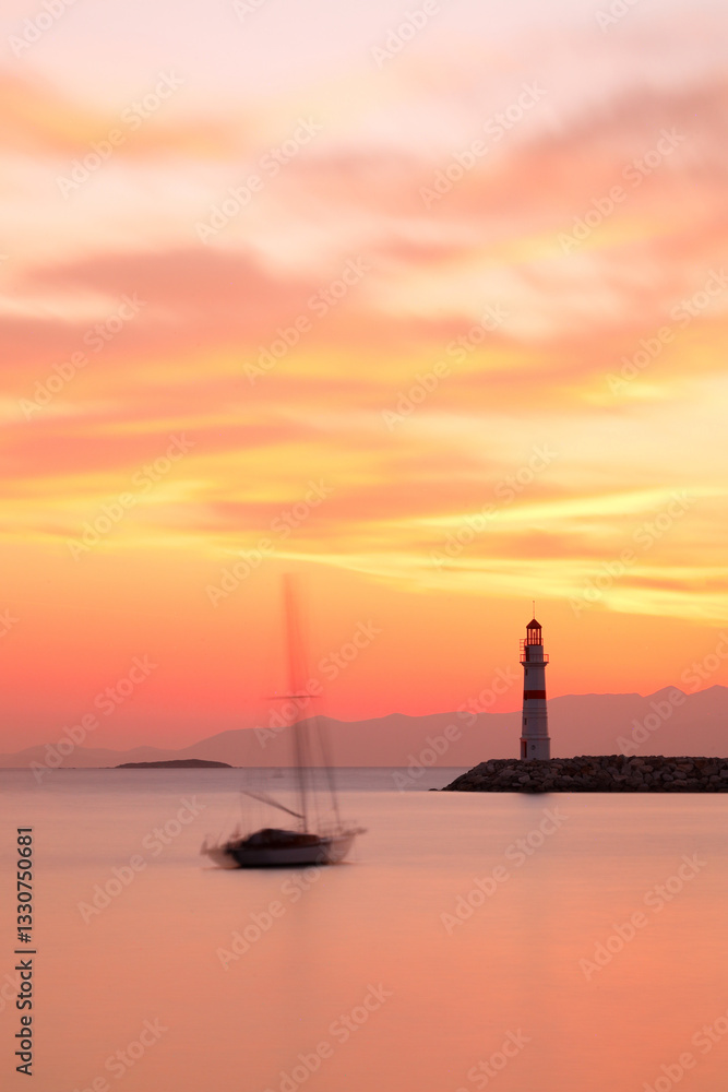 Fototapeta premium Seascape at sunshine. Lighthouse and sailings on the coast. Seaside town of Turgutreis and spectacular sunshine. Selective Focus. Long Exposure shoot. tranquility scene.