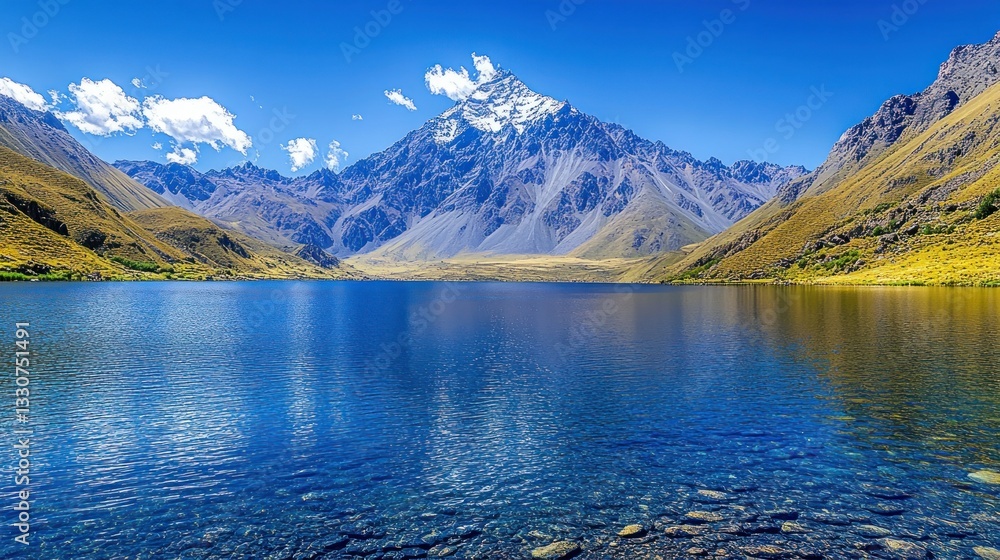 Serene mountain lake reflecting majestic peak under a vibrant blue sky Serene mountain lake reflecting majestic peak under a vibrant blue sky