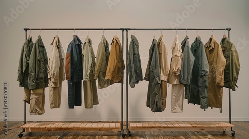 Display of various stylish outerwear on a clothing rack in a minimalistic studio setting