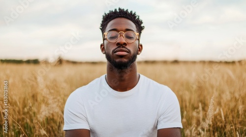 A man sits cross-legged in a golden field, meditating peacefully and enjoying the tranquil atmosphere as the sun sets in the background