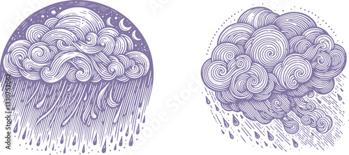 set of Cloud swirling with rain vector illustration, engraving sketch ink poster black illustration etching style tattoo, Woodcut old color 