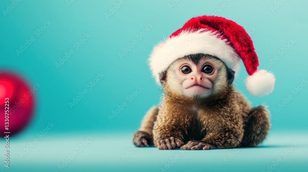 A cute monkey dressed in a Santa hat is sitting on a bright turquoise surface with a red ornament next to it, creating a festive atmosphere A cute monkey dressed in a Santa hat is sitting on a bright turquoise surface with a red ornament next to it, creating a festive atmosphere