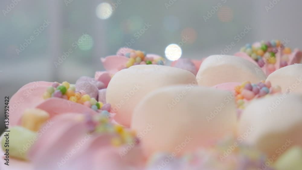 Arranged cream marshmallow cake for festive event. Sweet food, perfect for children's parties. Details of dessert table. Wedding accessories in a soft pink presentation. Decoration wedding party Arranged cream marshmallow cake for festive event. Sweet food, perfect for children's parties. Details of dessert table. Wedding accessories in a soft pink presentation. Decoration wedding party