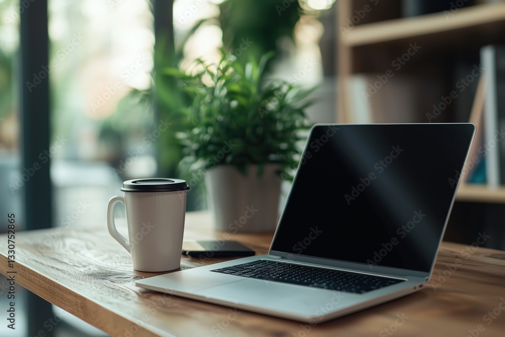 Minimalist workspace setup featuring a laptop, coffee mug, and plant on a wooden desk in a bright natural light setting Minimalist workspace setup featuring a laptop, coffee mug, and plant on a wooden desk in a bright natural light setting