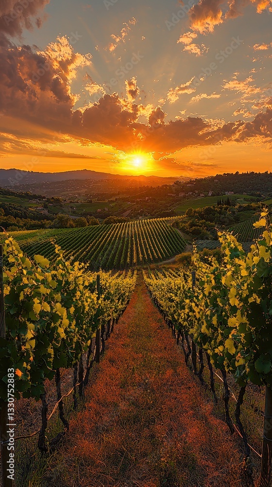 Fototapeta premium Idyllic Vineyard Path at Sunset – Stunning Golden Hour Landscape Photography, Scenic Wine Country View for Travel & Nature Lovers