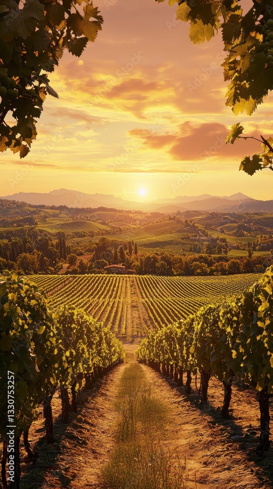 Naklejka premium Idyllic Vineyard Path at Sunset – Stunning Golden Hour Landscape Photography, Scenic Wine Country View for Travel & Nature Lovers