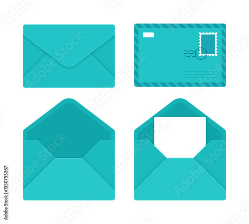 Set of dark teal envelopes in different styles, including closed, open, and with a letter. Mail, correspondence, and stationery concept. Flat vector illustration isolated on white background	
