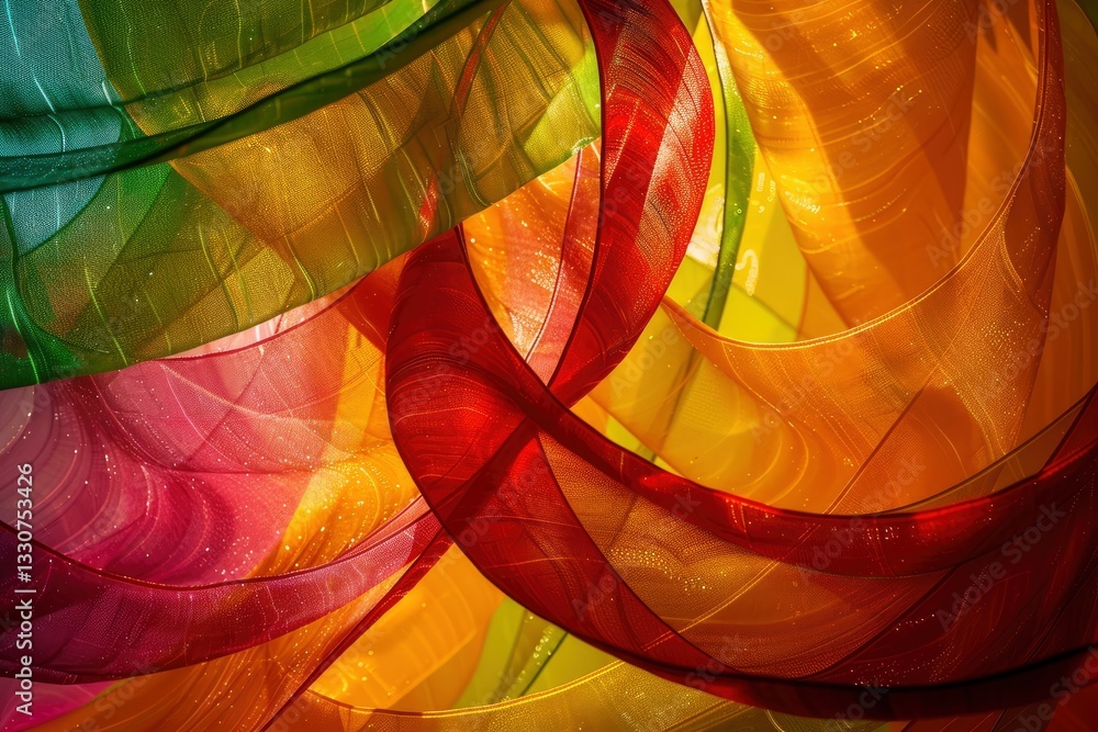 Fototapeta premium Colorful translucent fabrics intertwining in sunlight, creating a vibrant abstract pattern