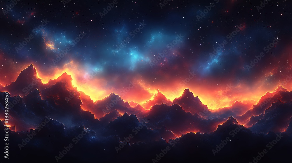 Fototapeta premium Fiery Mountains Under a Starry Cosmic Sky