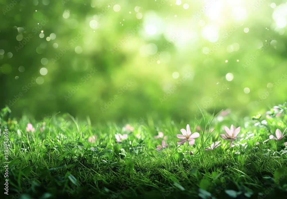 Serene Garden Scene with Delicate Pink Flowers and Lush Green Grass Under Soft Natural Light and Bokeh Background Effects for Tranquil Atmosphere Serene Garden Scene with Delicate Pink Flowers and Lush Green Grass Under Soft Natural Light and Bokeh Background Effects for Tranquil Atmosphere