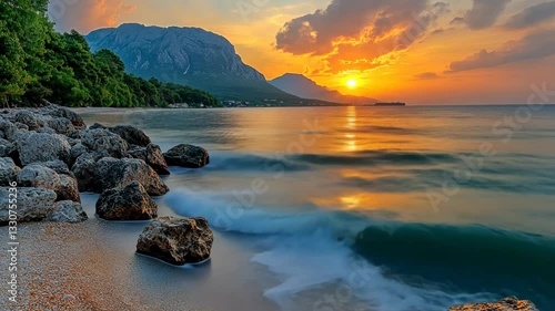 Serene Sunset at the Coastal Beach with Majestic Mountains