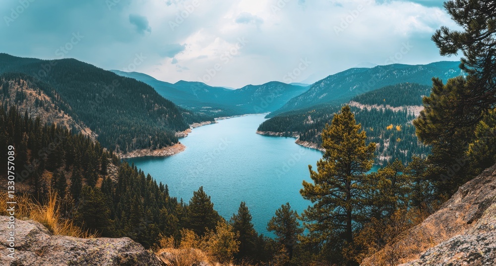 Obraz premium Serene Lake Surrounded by Majestic Mountains and Lush Forests under a Cloudy Sky in a Tranquil Natural Landscape