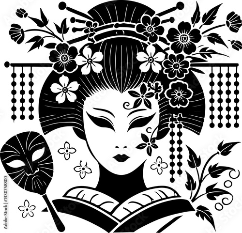 sketch vector illustration silhouette design detail ornament beautiful woman geisha ethnic traditional classic vintage japan 