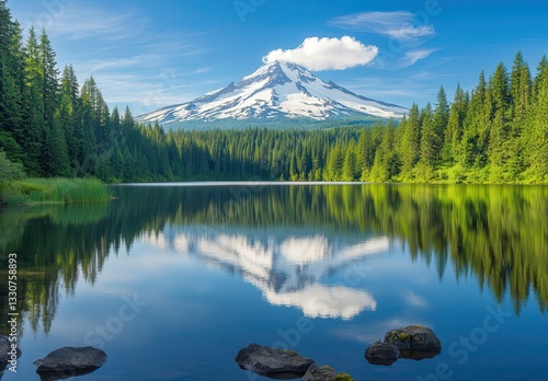 Serene Landscape of Majestic Mountain Reflected in Calm Lake Surrounded by Lush Green Forest on a Clear Sunny Day with Blue Sky and Beautiful Clouds