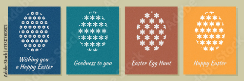 Set of Easter greeting cards in simple abstract style with flower patterns and eggs. Vector illustration.