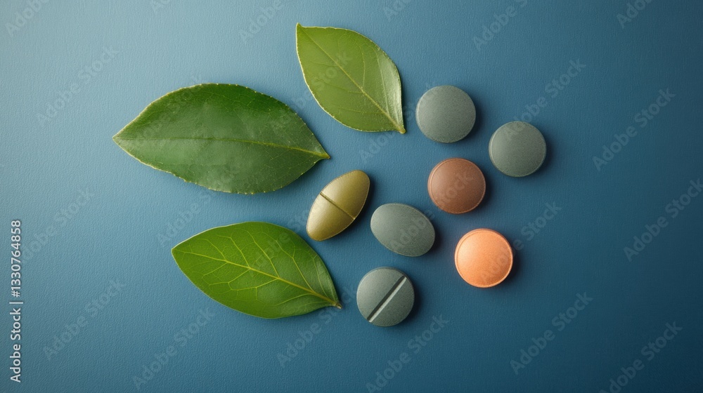 Various tablets in different colors and shapes are placed alongside fresh green leaves on a blue surface, emphasizing natural wellness Various tablets in different colors and shapes are placed alongside fresh green leaves on a blue surface, emphasizing natural wellness